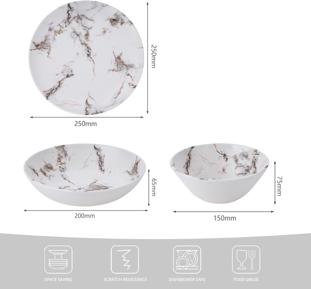 Royal Swiss Juego de vajilla de melamina de 12 piezas para 4 personas, inastillable, apto para lavavajillas y ligero, ideal para el hogar, jardín, camping y picnic, diseño blanco moderno
