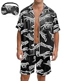 EPLAZA 2 Piece Silk Pajamas for Men Satin Pajama Button Down Pjs Set (Black-tiger-short, L)