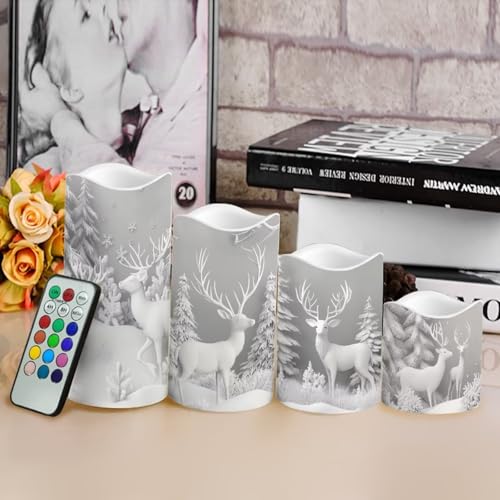 Image of Flameless Pillar Candles with Remote and Color Changing Christmas Decorations for Home Fake Battery Operated Candle Electric LED Lights Candles for Home Kitchen Deer Snow