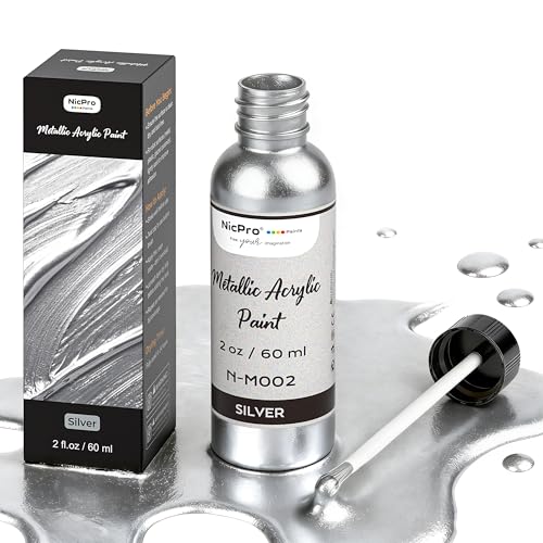 Nicpro Silver Leaf Paint - 2oz/60ml Metallic Silver Acrylic Paint Water-Based Non Toxic Non Fading Touch Up Paints for Crafts Metal Wood Clay Fabric Canvas Furniture Handcrafts Art Supplies