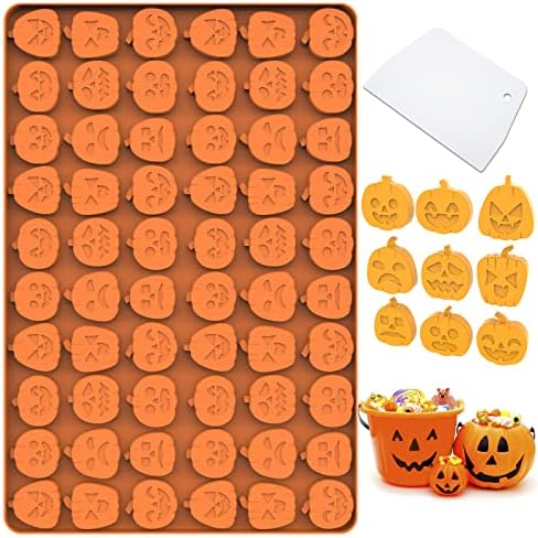 Halloween Candy Mold, Silicone Molds with 60 Mini Pumpkin Cavity, Trick or Treat Molds for Halloween, Food Grade Halloween Mold for Making Chocolate/Biscuit/Gummy/Cookie/Jelly with Baking Scraper