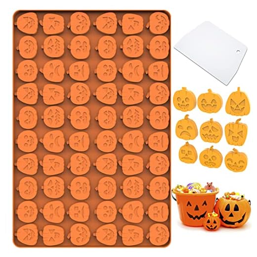 Halloween Candy Mold, Silicone Molds with 60 Mini Pumpkin Cavity, Trick or Treat Molds for Halloween, Food Grade Halloween Mold for Making Chocolate/Biscuit/Gummy/Cookie/Jelly with Baking Scraper