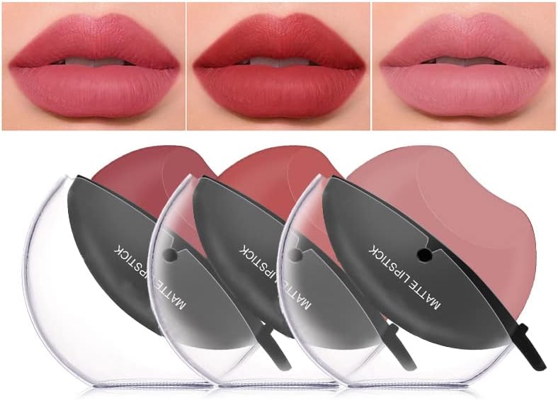 3 Colors Matte Lipstick Set, Matte Velvet Lipstick Lip Shape Lazy Lipstick, Long Lasting High Pigmented Non-stick Cup Lip Gloss, Waterproof Easy to Color Lipstick Lazy Lip Makeup (Color A)