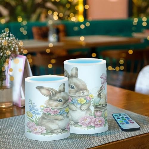 Image of ALAZA Cute Watercolour Little Rabbit Easter Flickering Flameless Candles Battery Operated with Remote Timer,Tea Light Candles LED Pillar Votive Candles Set of 2 for Outdoor Indoor Decorations