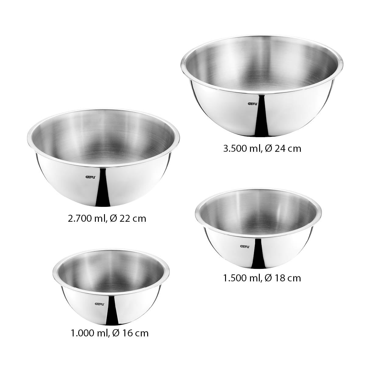 GEFU 4x Edelstahlschüssel-Set CAVARO - Küchenschüssel mit Schüttrand | Salatschüssel Set stapelbar aus Edelstahl - Rührschüssel spülmaschinengeeignet für Teig & Sahne - 1l, 1.5l, 2.7l & 3.5l