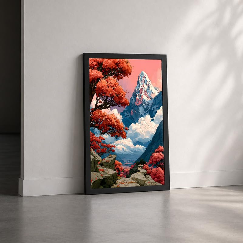 Image of Japanese Mountain Landscape Premium Framed Wall Poster (12x18 Inch) | Red Maple Tree & Snowy Mountain Wall Art | Asian Nature Decor for Bedroom, Living Room, Office & Zen Space