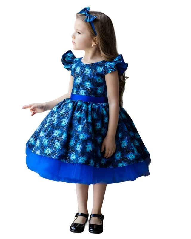 Image of Niren Enterprise Blue Dragon Peacock Feather ptinted Baby Girl Dress and Frock