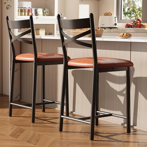 Garvee Bar Stools Set of 2, Counter Height Bar Chairs with Back and Thick Cushion, Upholstered Dining Chairs with Padded Seat, Barstools for Kitchen I