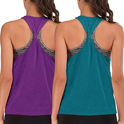 FAFAIR - Camiseta de entrenamiento para mujer con sujetador integrado, espalda cruzada...