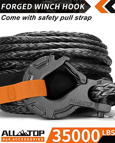 All-Top Synthetic Winch Rope Cable Kit: 9/16" X 76 Ft 35000Lbs Winch Line With Protective Sleeve + Forged Winch Hook + Safety Pull Strap Go For 4Wd Off Road Vehicle Truck Suv Atv Utv #TOP1