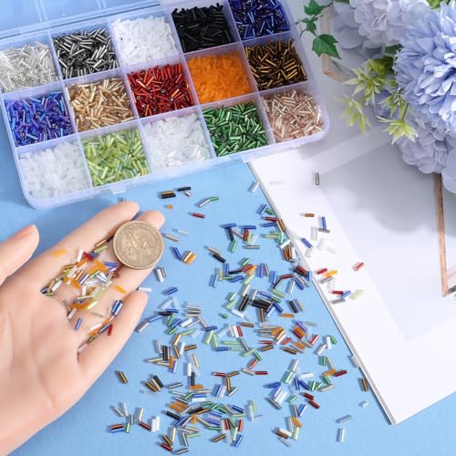 SUNNYCLUE 1 Box 2970pcs 15 Colors Glass Bugle Beads 6mm Seed Beads Bulk Small Long Round Tube Craft Loose Spacer Bead for Jewellery Making Beading Sewing Supplies DIY Necklace Bracelet Earrings Crafts - Image 3