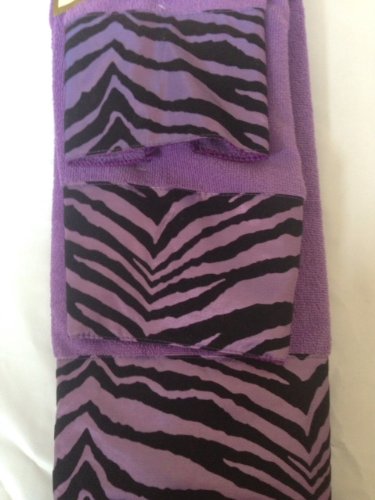 3 Piece Bath Towel Set- Black Purple Zebra Print Wash Had and Bath Towel