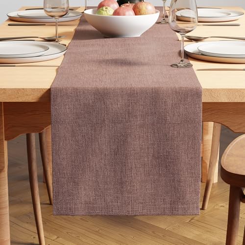 Image of Encasa XO Dining Table Runner for 4 to 6 Seater | 32x183 cm | Dusty Brown | Chenille Fabric | Machine Washable