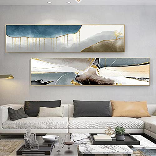 KDXAOBEI Grande moderno abstrato cabeceira azul dourado tela pintura cartazes impressão parede arte imagem para sala de estar quarto decoração 60 x 180 cm (24 x 71 pol) x2 sem moldura