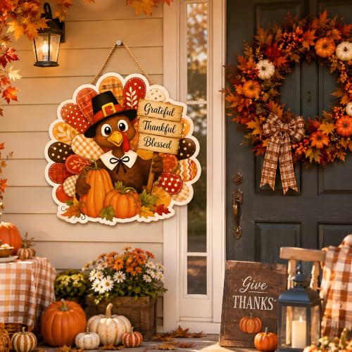 Image of Thanksgiving Decorations - Hanging Wooden Sign for Front Door | Turkey Pumpkin Door Wreath Sign for Friendsgiving Decorations | Thanksgiving Party Favors Supplies for Home Door Wall Decor