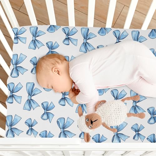 Image of Fitted Crib Sheets Pretty Blue Bow Stretchy Portable Playard Sheets for Baby Toddler, Breathable Soft Mini Crib Mattress 39 x 27 in for Boys and Girls