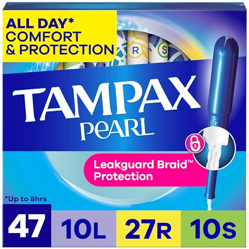 Tampax Pearl Tampons for Women Multipack, with LeakGuard Braid, Light/Regular/Super Absorbency, Unscented, 47 Count