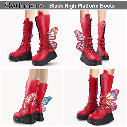 Image of Gothniero High Platform Knee Boots Chunky Heel Wedge Black Boots For Women Combat Goth Punk Motorcycle Booties Zip up With Metal Buckles Size5-11