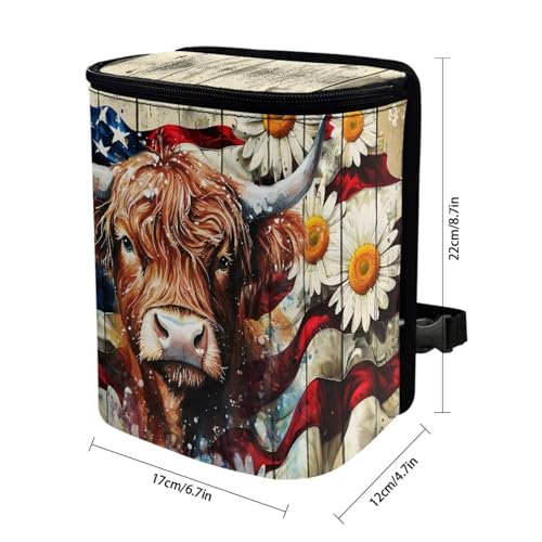 Image of Talayituse Highland Cattle Daisy Print Car Trash Can with Lid, American Flag Wood Leak Proof Auto Trash Bag Hanging Vehicle Garbage Can Multipurpose Storage Container for Back Seat Road Trip