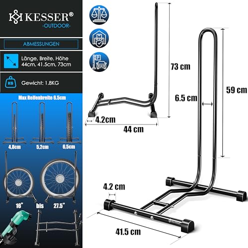 KESSER® Fahrradständer Boden einzeln für Mountainbike, E-Bike, Citybike, Rennrad, MTB | Fahrrad Montageständer | Freistehender Fahrradhalter Ständer Eisen | Reifenbreite bis 65mm | Inkl. Luftpumpe