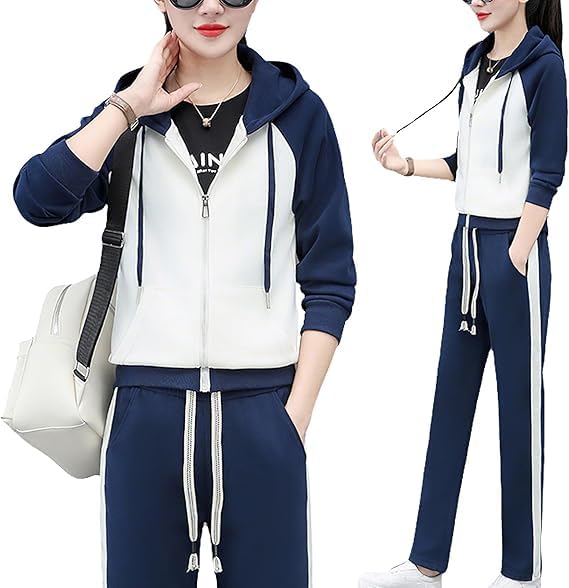 Conjunto de chándal con forro polar para mujer, chaqueta con capucha y cremallera y pantalones, sudadera atlética cálida de invierno, ropa deportiva casual para descansar, Forro de piel azul marino, M