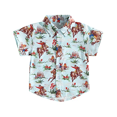 Image of Western Baby Boy Clothes Button Down Short Sleeve Shirts Country Cowboy Dress Shirt Tops Summer Vintage Clothes