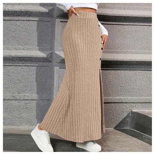 MakeMeChic Women's Split Hem Elastic High Waisted Button Long Skirt Ribbed Knit Maxi Skirts4