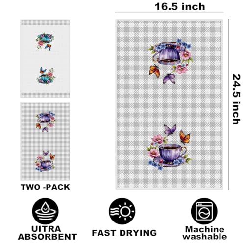 Image of 2Pcs Butterfly Kitchen Towels 24x14 Inch, Grid Floral Reusable Microfiber Dish Cloth Hand Towel, Coffee Waffle Weave Tea Towels for Bathroom Kitchen Farmhouse Decor, Flowers Gifts for Women Friend
