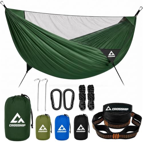 Image of Camping Hammock with Mosquito Net, 2 Person Hammock Bug Net, Portable, Parachute Nylon for Outdoor, Camping, Hiking, Backpacking, Backyard, Beach, Travel (Hold Up to 500lbs) (Forest Green)