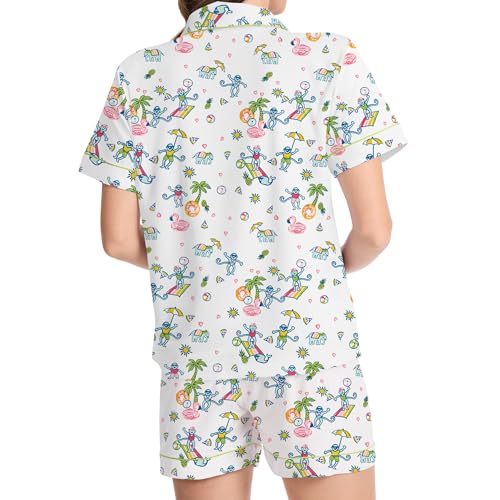 Image of Ammiko Womens Pajamas Set Y2k Loungewear Pajama Button Down Top and Shorts Monkey Beach Short Sleeve Sleepwear Preppy