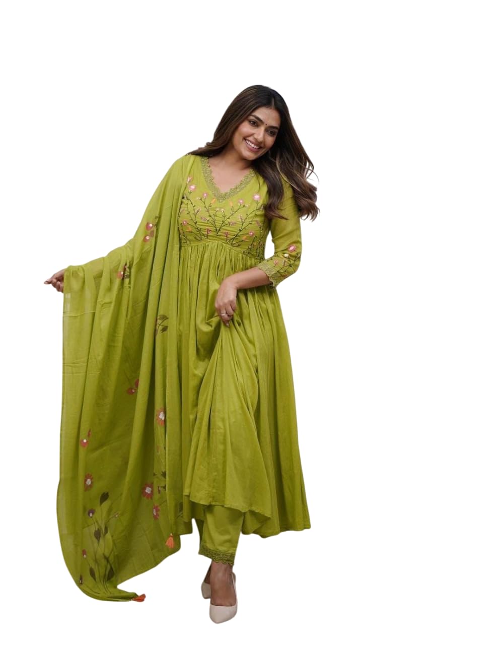 Shahi Craft Women's Cotton Embroidered Long Anarkali Kurti with Pant and Dupatta Set-picture-25
