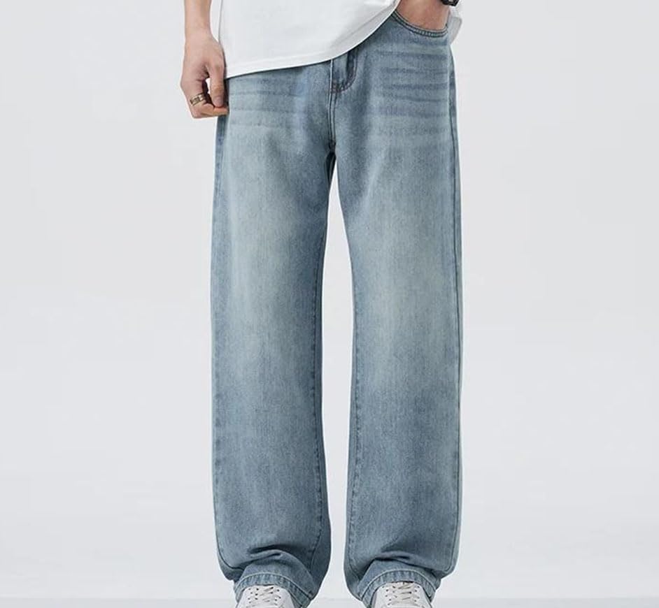 Men’S Elastic Waist Jeans Mid Waist Straight Leg Casual Pants Denim Ankle Length with Zipper Jeans2