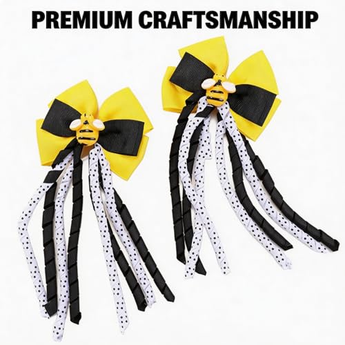 Pinzas para el pelo Yellow Bee Bow para niñas, 2 piezas, lazos rizados con puntos, clips para cabello para salidas de primavera y peinados diarios miniatura 3