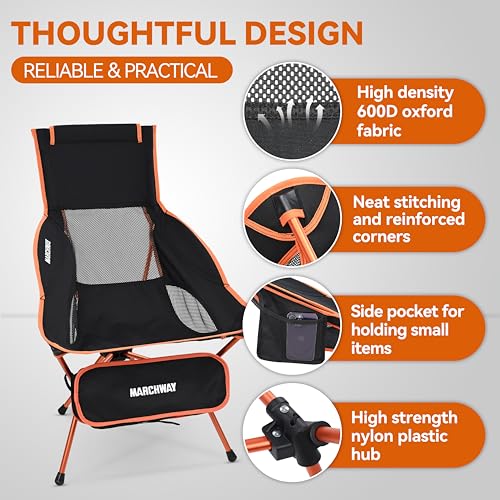 Image of MARCHWAY Lightweight Folding High Back Camping Chair with Head Support, Stable Portable Compact for Outdoor Camp, Travel, Beach, Picnic, Festival, Hiking, Backpacking (Highback Orange)