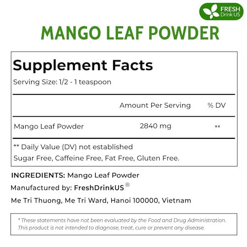 Image of FreshDrinkUS, Premium 1.3oz Mango Leaf Powder, 100% Natural and Pure Mango Leaves. Loose Leaf Mango Herbal Tea. Mango Leaf Tea. No Sugar, No Caffeine, No Gluten, Vegan.