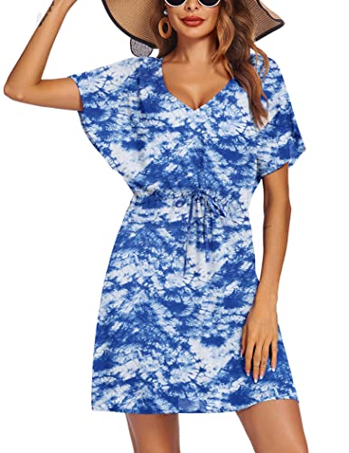 Image of Ekouaer Womens Swimsuit Coverup Short Sleeve Beach Cover Up Dress V Neck Bikini Beachwear
