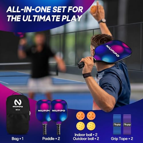 Image of niupipo Pickleball Paddles Set of 2 or 4, USAPA Approved Fiberglass Pickleball Paddle Set with Balls and Bag, Polypropylene Honeycomb Core, Lightweight Pickleball Paddles for Beginners Men Women