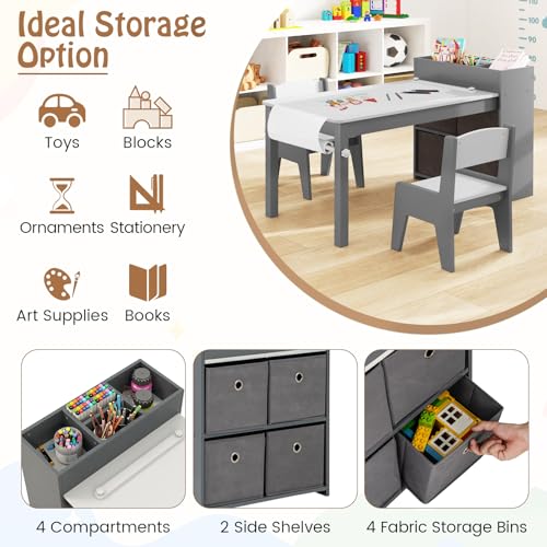 Image of Costzon Kids Table and Chairs, 3-in-1 Wooden Art Drawing Desk Set (Gray) | Toddler Table w / 4 Fabric Bins, Multiple Open Storage Compartments & a Paper Roll for Painting, Writing, Reading, Craft