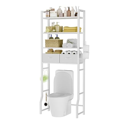 Simple Trending 4 Tier Over The Toilet Storage with Drawers, Heavy Duty Bathroom Stand Organizer Metal Shelves for Laundry, White