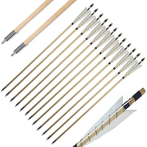 YAMAXUN 32 Inch Wooden Arrows White Medieval Handmade Practice Hunting Arrows with 5.8 Inch Turkey Feathers Fletching & Bullet Points for Recure & Longbow Targeting - 12 PCS Cover