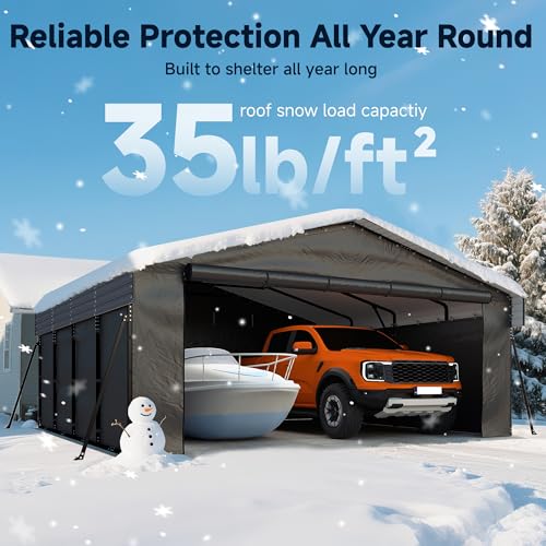 Image of 20 x 20FT Heavy Duty Metal Carport, Outdoor Carport with Galvanized Steel Frame and Roof, Multi-Use Car Shelter with Removable Sidewalls for 2 Cars, Pickup, Tractors, Gray