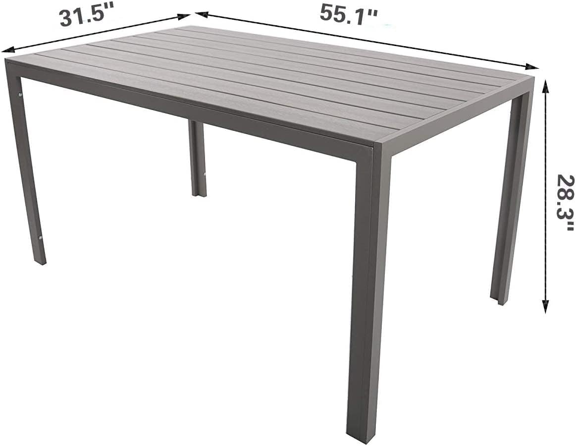 Outdoor Patio Dining Table, Lightweight Aluminum Frame Rectangle Table for 6, PS Table Top Heavy Duty Patio Furniture for Garden, Picnic Table Easy Install Indoor Outdoor Grey