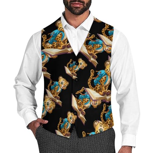 Cheetah Love Book Men's Suit Vest Waistcoat Vests Formal Dress with 2 Pockets for Business Casual Tuxedo