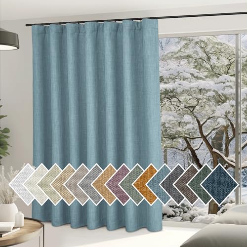 NICETOWN Faux Linen Mist Blue Sliding Door Curtains 84 inch Length, Hook Belt/Rod Pocket/Back Tab Noise Reducing Thermal Room Dividers for Bedroom/Living Room, W100 x L84, 1 Panel