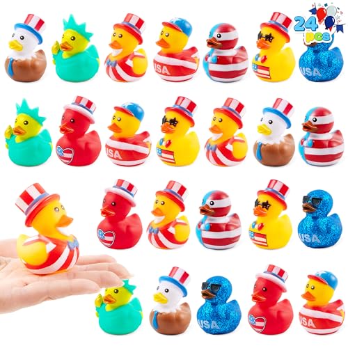 JOYIN 24 Pcs Patriotic Rubber Ducks Red White Blue 4th of July Bulk Ducks with 8 Designs Independence Day Duck with Flag Prints Patriotic Party Favor Gift Bath Toy Supply for Kids Toddlers