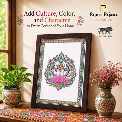 Image of PAPER PAJAMA Swan Vastu Wall Art for Living Room | Madhubani Hamsa Lotus Painting | Traditional Mithila Folk Art Framed Decor for Home, Office & Bedroom (10x13 Inches)