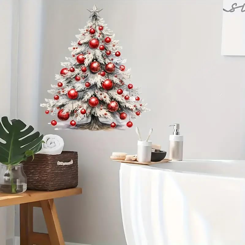 Christmas Tree Decoration Toilet Cover Sticker Decals,Fish Bird Flower Leaf Waterproof Toilet Lid Tank Seat Decals Cistern Self-Adhesive Bathroom Wall Sticker
