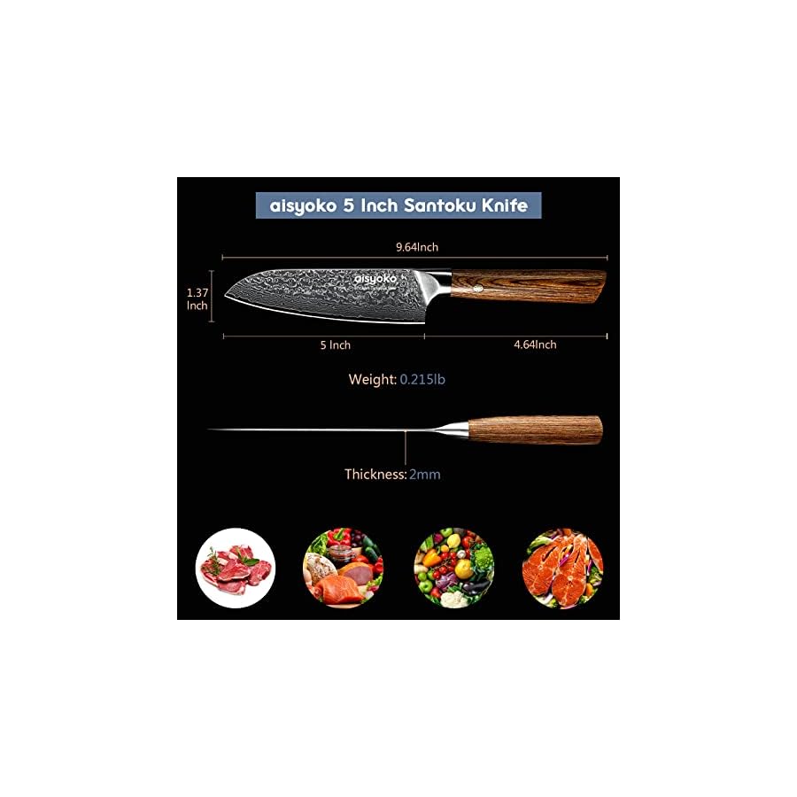 aisyoko Santoku Knife 5 inches-Japan VG-10 Super Steel 67 Layer Damascus Steel-Sharp Kitchen Knife-Luxury Gift Box with Colored Wooden Handle-With Scabbard