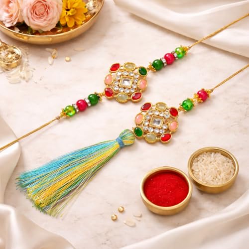 Image of Jaipur Ace Designer Kundan Rakhi with Lumba for Bhaiya Bhabhi | Premium Raksha Bandhan Thread for Brother & Sister-in-Law | Fancy Stone Work Bracelet with Tassel | Traditional Festival Gift (SET OF 3)
