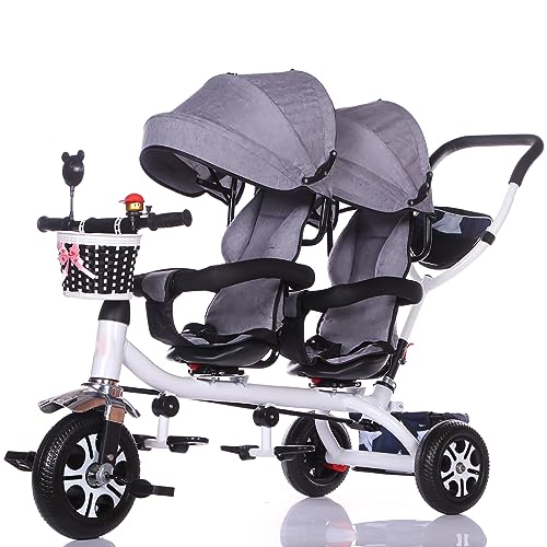 ButxeT Kids Tricycle,Double Seat Children’s Tricycle Bike Stroller with Push Handle & Canopy,Reversible Seat,Wheel Brakes,Rubber Wheels,Double Seat Tricycle Stroller Bike Gift for Kids Ages 1-6 Birthd